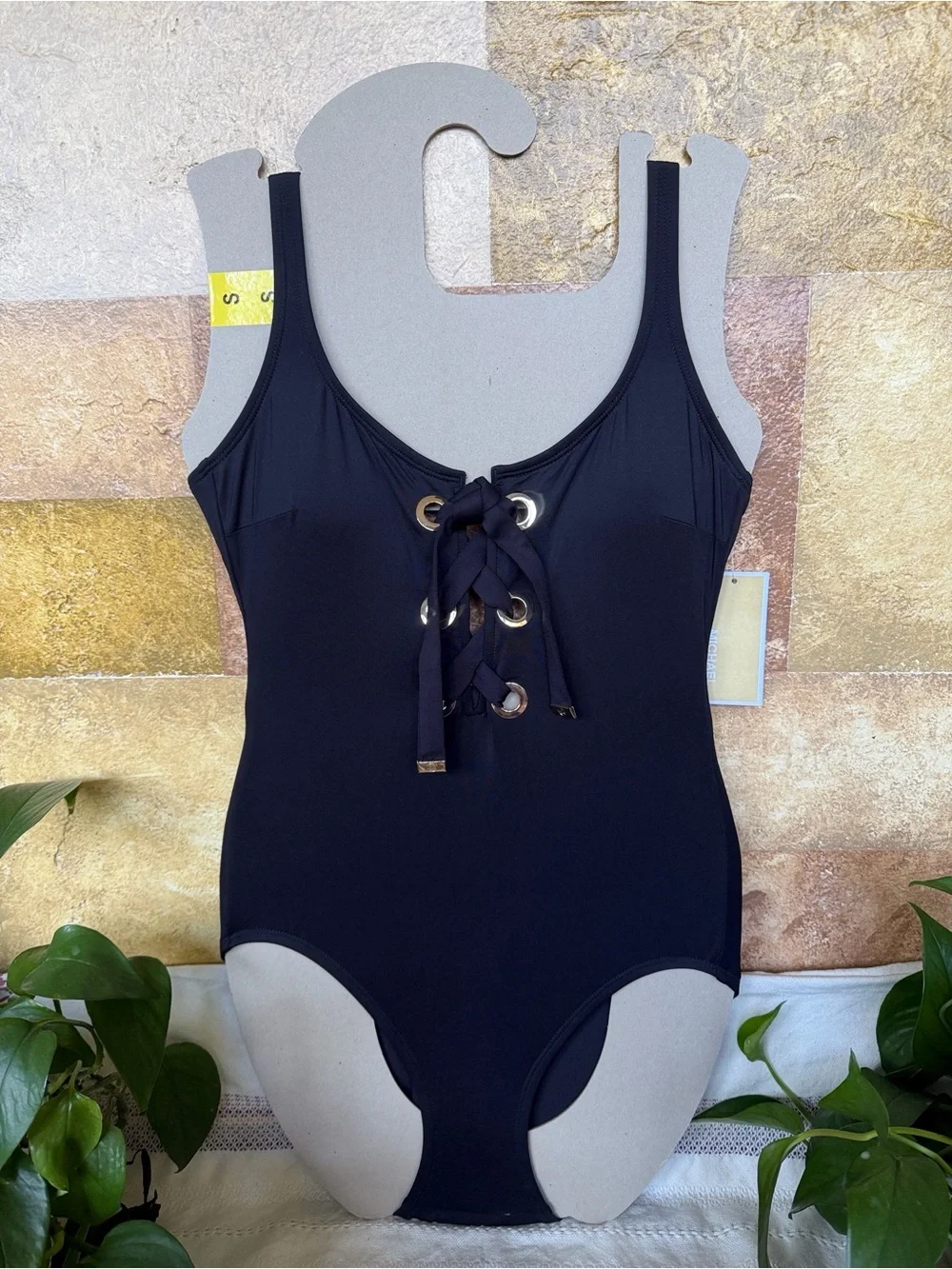 Michael Kors One Piece Front Lace-Up Low Scoop Back Black/Gold Swimsuit, Size 6